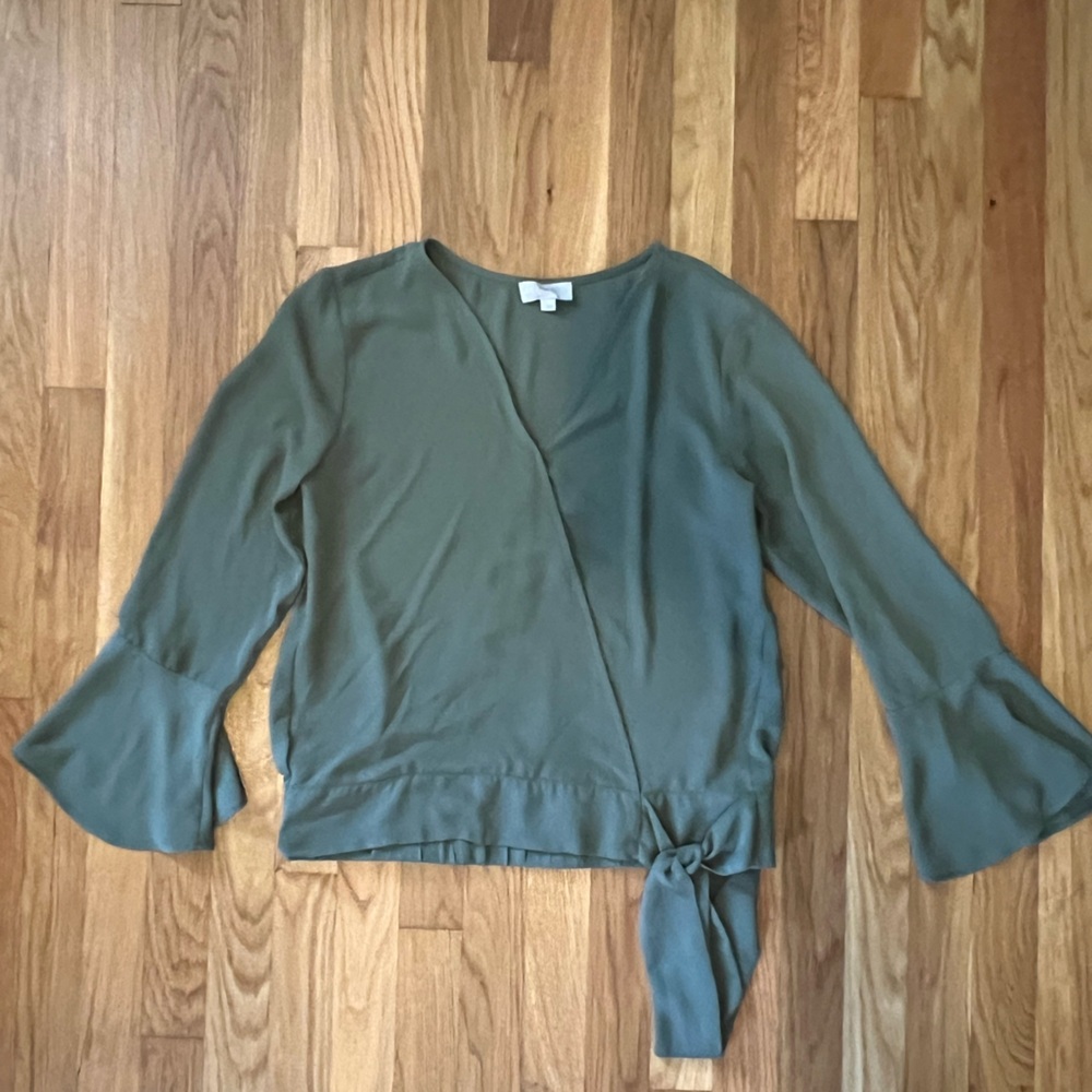 Size small LOFT outlet army green faux wrap blouse.  Bell sleeves.
